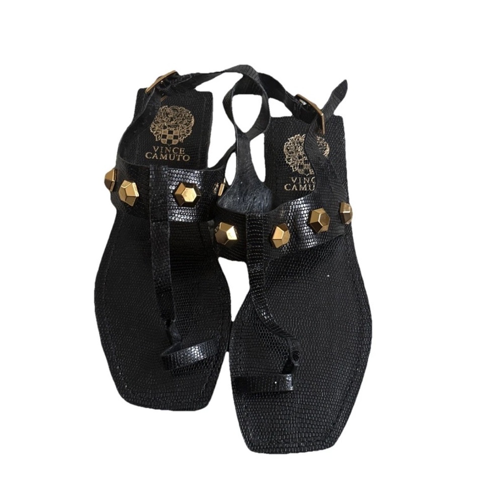 Vince Camuto Leather Toe Loop Sandals Dailette Black Lizard Studded Sz 7
